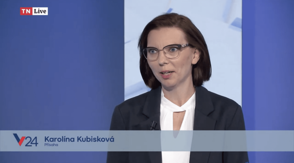 Karolína Kubisková, lídryně Přísahy v Kraji Vysočina, v předvolební debatě na TV Nova