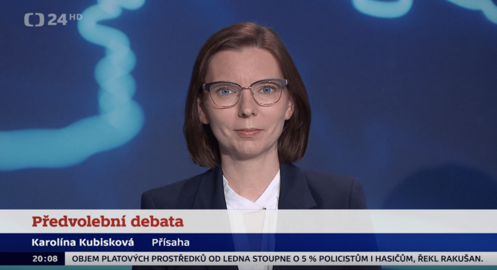 Karolína Kubisková, lídryně Přísahy v Kraji Vysočina, v předvolební debatě na České televizi