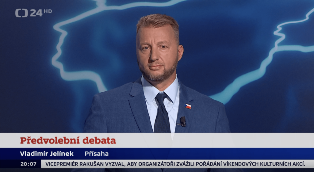 Vladimír Jelínek, lídr Přísahy v Ústeckém kraji, v předvolební debatě na České televizi